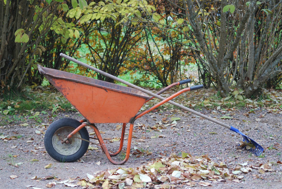 Orange-wheelbarrow-with-rake